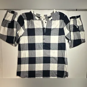LOFT‎ Buffalo Check Plaid Pullover Shirt Blue White Flannel 1/4 Button Up New M thumbnail 3