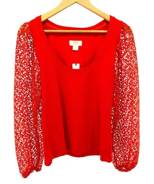 Maeve Anthropologie Red Knit Top Lace Crochet Balloon Sleeves Modern‎ Chic M thumbnail 1