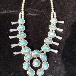 Vintage Sterling Silver Kingman Turquoise Squash Blossom Necklace Jewelry thumbnail 3