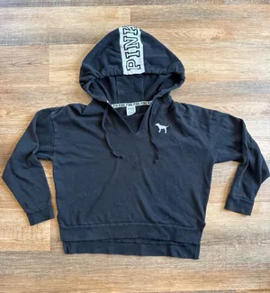 PINK Victoria's Secret Black Hooded Sweatshirt with White Logo Size S thumbnail 1