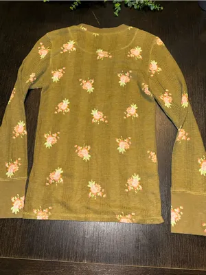 Aerie Olive Floral Waffle Knit Henley Top Cottagecore Boho Long Sleeve Thermal thumbnail 3