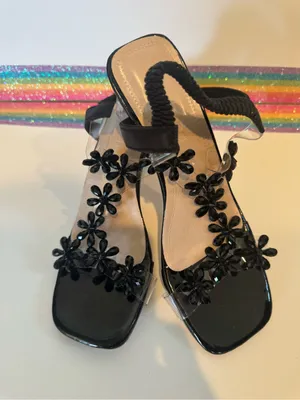 Black Floral Embellished Clear Block Heel Sandals thumbnail 5