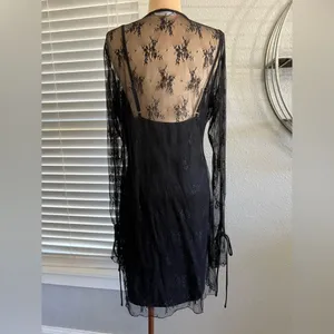 Whimsigoth Lace Overlay Mini Dress‎ Ruffle Plunge Neck Size 12 Bell Sleeves thumbnail 4