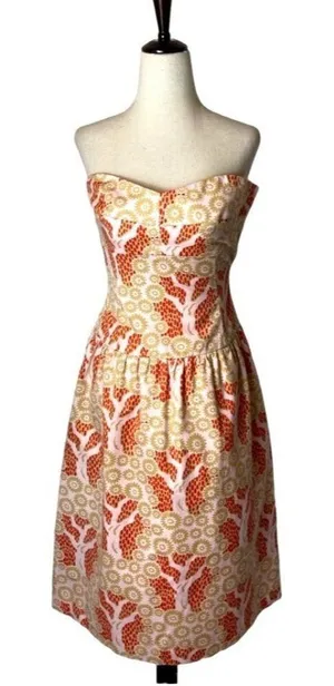 Tibi Strapless Dress Women 2 Pink Tan Floral Cotton Fit Flare Mini Luxury Boho thumbnail 1