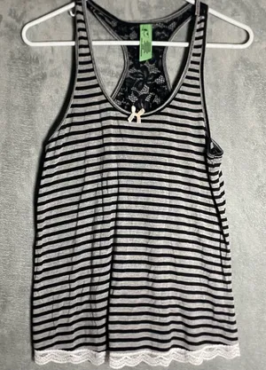 2000s MySpace emo Black &‎ White Striped Lace-Back Tank grunge XL thumbnail 1