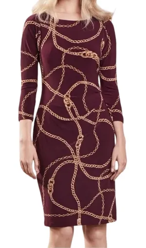 Lauren Ralph Lauren Women’s Size 6 Burgundy Gold Chain Link Print Sheath Dress thumbnail 1