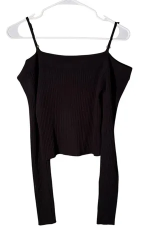 Forever 21 Women's Size Large Cold‎ Shoulder Sweater Black Ribbed Off Shoulder thumbnail 1