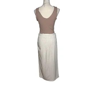 Miou Muse Linen Blend Ruched Midi Skirt M‎ Striped Minimalist Neutral Old Money thumbnail 2