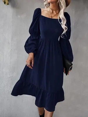 NEW Navy Blue Smocked Square Neck Puff Sleeve Ruffle Hem Dress Size XL thumbnail 1
