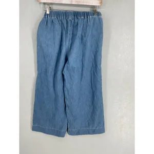 New Look Womens Wide Leg Pants Blue Chambray Elastic Waist Tie Belt Size 4 thumbnail 3