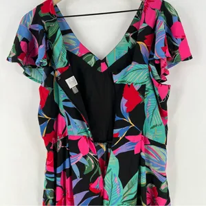 Cupio Tropical Floral Print Chiffon Ruffle Flutter‎ Sleeve V Neck Jumpsuit thumbnail 12