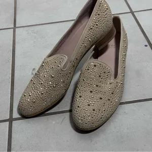 Stuart Weitzman Women Slipbeads Beige Blush Suede Gold Studded Loafer Flats‎ 8.5 thumbnail 6