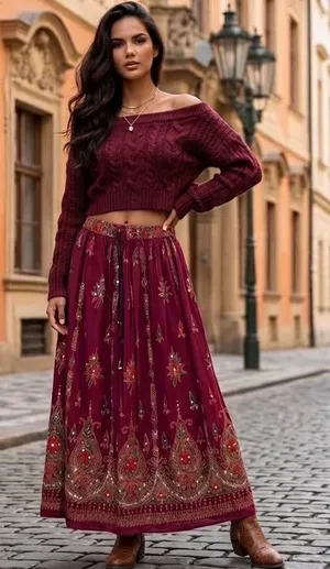 Boho Burgundy Paisley Sequin Embroidered Maxi Skirt Size Small Elastic Waist thumbnail 1
