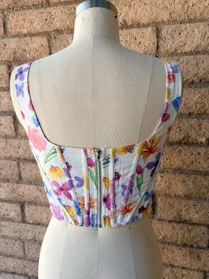 Amazon | White Multicolor Floral Boned Corset Crop Top | L thumbnail 2