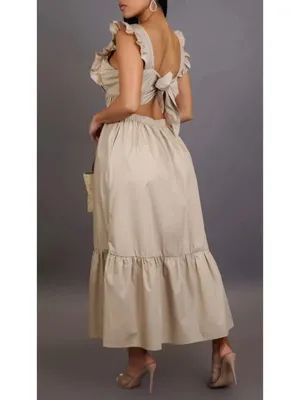 Mable Cotton Poplin Tiered Midi Dress Size Small Tan Cottagecore Milkmaid Boho thumbnail 2
