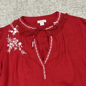 Sundance Blouse Womens XS Linen Embroidered Peasant Boho Top Red Oversized thumbnail 5