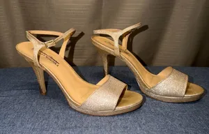 Badgley Mischka American Glamour Gold Glitter High Heel Sandals with Ankle Strap thumbnail 1