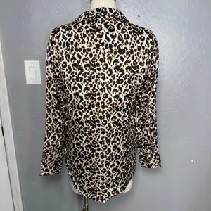Quince Washable Stretch Silk Notch Collar Blouse, Leopard, M thumbnail 3
