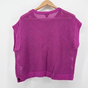 Halogen Open Stitch Cotton Crop Sweater Vest Size Large Magenta Crew Neck‎ thumbnail 6