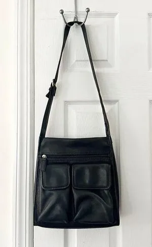 Fossil Vintage Black Leather 75082 Multi Pocket Top Zip Shoulder Bag Key Fob thumbnail 1