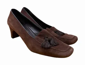 Salvatore Ferragamo Women's Sz 8.5 Brown Tassel Square Toe Heels Suede Leather thumbnail 1