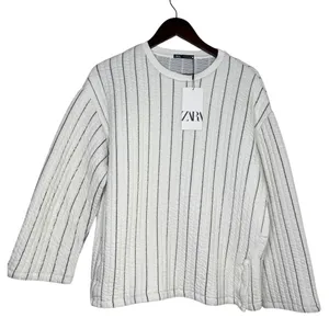 NWT Zara Boxy Oversized Striped Soft Quilted Long Sleeve Sweater M White Black thumbnail 12