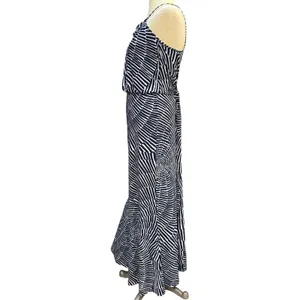 Nine West 6 Geometric Print Ruffle Neck Maxi Dress Navy White Sleeveless Summer thumbnail 3