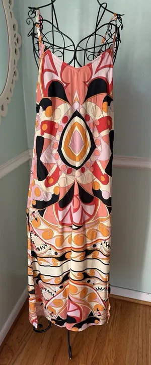 Perry Walker Silk Blend Midi Maxi Dress‎ Size Small Orange Abstract thumbnail 1
