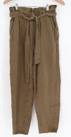 Aerie Olive Brown Linen Blend Paperbag Waist Pants Small High Rise Tie Belt thumbnail 1