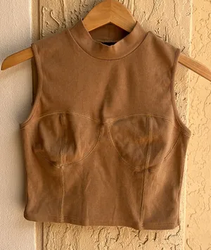 OGL Sleeveless High Neck Corset Detail Crop Top Camel Size Large thumbnail 1
