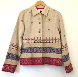 COLDWATER CREEK Beige Tan Red Blue Cross Stitch Linen Etc Shacket Jacket Medium thumbnail 1