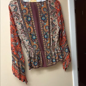Free People Wrap Peplum Blouse in Brown and Orange Long Flared Sleeves thumbnail 7