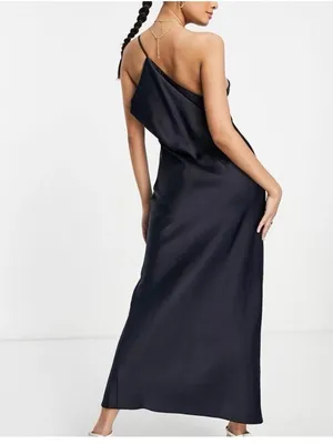 ASOS Navy One Shoulder Satin Midi Dress Side Slit Drape Back Elegant Evening 4 thumbnail 2