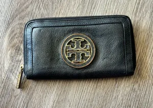 Tory Burch Black Leather Zip-Around Wallet with Gold Logo Emblem thumbnail 1