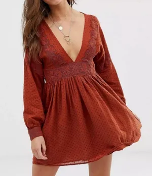 Free People Orange Long Sleeve Sugar Pie Babydoll A line Dress thumbnail 1