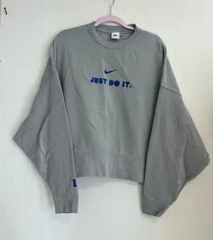 Nike Gray Crewneck Sweatshirt with Blue Logo thumbnail 1
