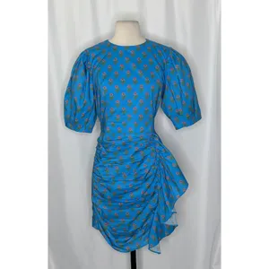 AUREUM Ruched Sash Blue Floral Mini Dress Puff Sleeves Ruching Ruffle Small thumbnail 2