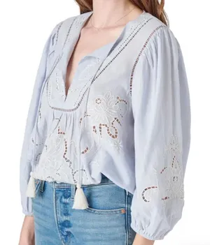 Lucky Brand Embroidered Cotton Peasant Blouse Chambray Blue Women's Size XS NWT thumbnail 1