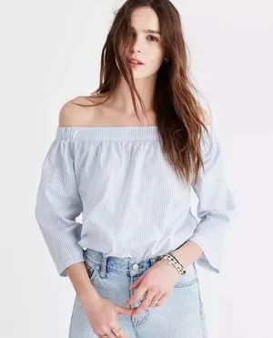 Madewell Clean Off the Shoulder Top in Blue and White Stripes thumbnail 1