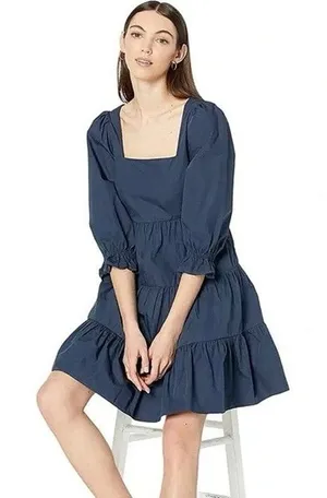 Madewell Lizzie Poplin Blue Puff Sleeve Square Neck Tiered Babydoll Mini Dress 0 thumbnail 1