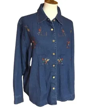 Vintage 90s autumn leaves oversized denim leaves top thumbnail 1