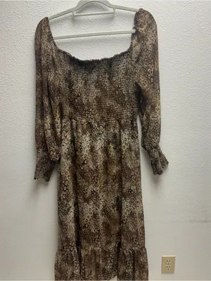 Betsey Johnson Large Brown Animal-print Smocked Maxi Dress With Sheer Sleeves thumbnail 6