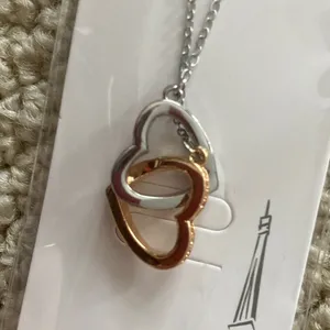 NEW Interlocking Heart Pendant Necklace Stainless Steel Love Double Silver NWT thumbnail 2