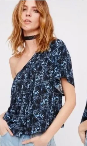 Free People Ocean Avenue One Shoulder Flowu Blue Patterned Top Small thumbnail 1