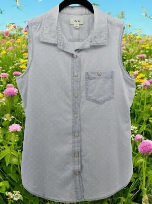 Per Se‎ Baby Blue White Polka Dot Chambray Button up Vest Country Rodeo Size S thumbnail 1