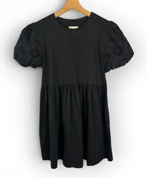 Avec Les Filles Black Eyelet Puff Sleeve Babydoll Peplum Mini Dress Size Small thumbnail 1