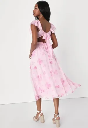 NWOT Lulus Loveliest Darling Light Pink Floral Ruffled Tie-Back Midi Dress. Size Medium thumbnail 3