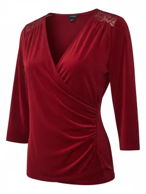 Ann Taylor Burgundy Faux Wrap Lace Shoulder Top – Medium – EUC thumbnail 1