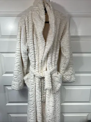 Soma Robe long plush cream fleece lined belted Faux Fur Cozy Classy Elegant S/M thumbnail 2