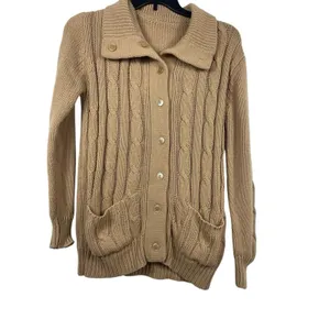 VTG 90s Grandma Beige Cable Knit S Button Front Cardigan Sweater Pocket thumbnail 3